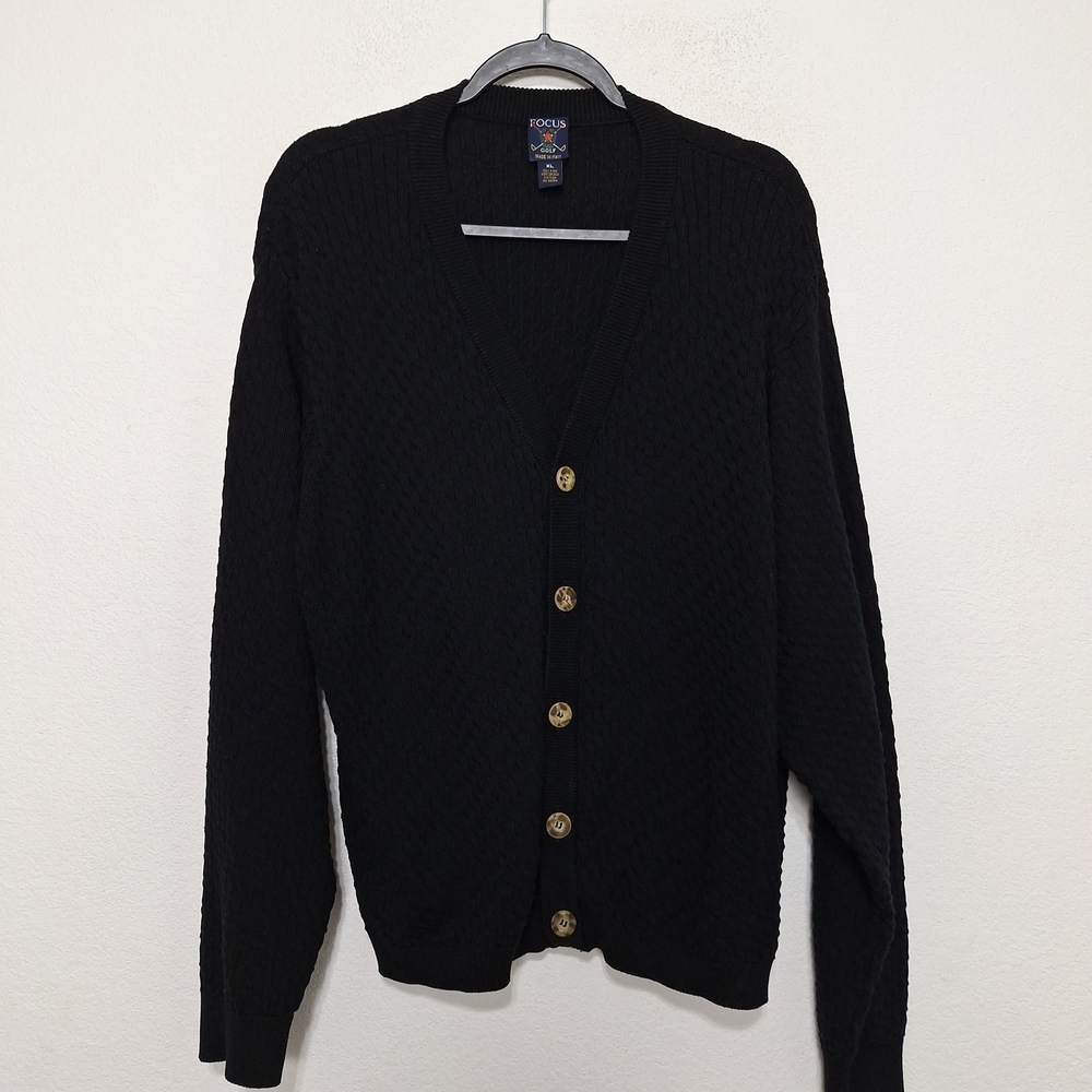 Focus Men's Golf Black Preppy Old Money Button Front Knit Cardigan Sweater- XL